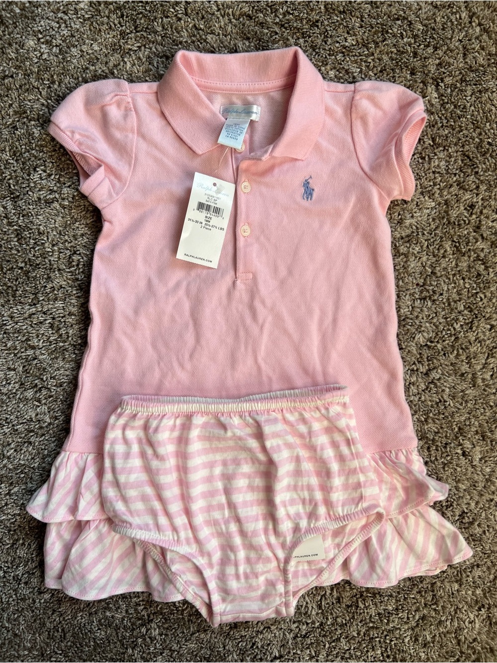 Ralph Lauren Pink Polo Dress with Striped Bloomers Set NWT